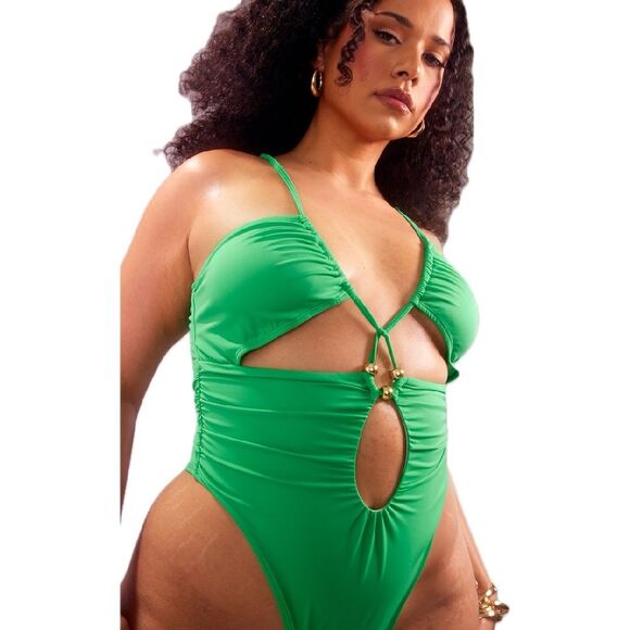 NWT Pretty Little Thing Green Bead Detail Ruched Cut Out Swimsuit Size 24 - Picture 2 of 11